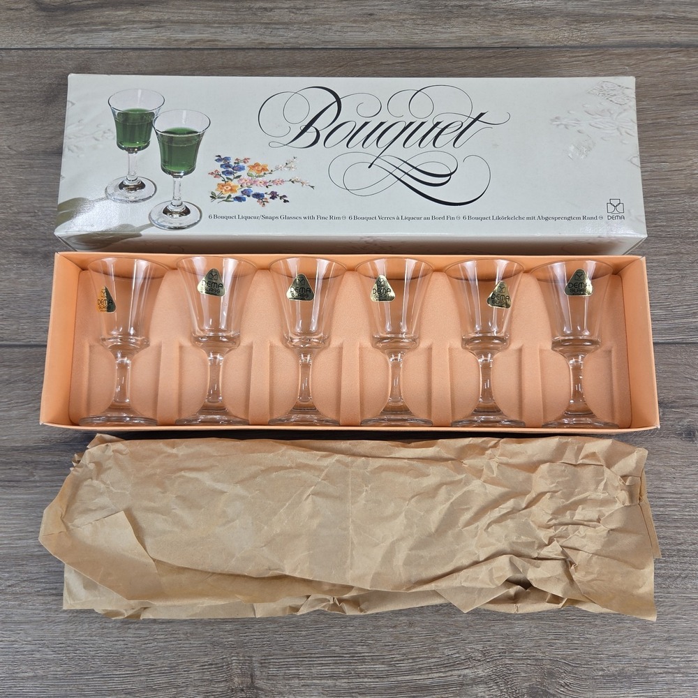 Bouquet Vintage 6 Dema Snaps Liqueur Glasses Made in England - New Open Box